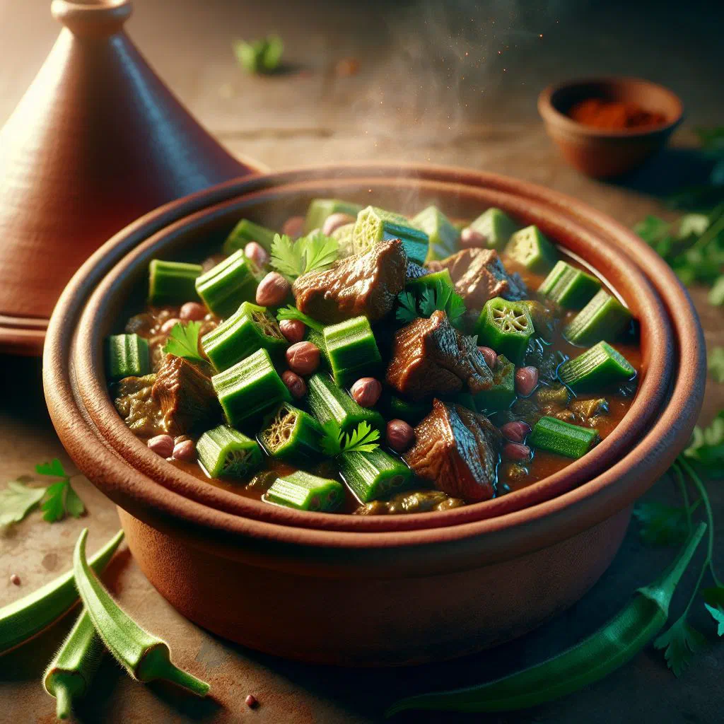 Bamia tagine of okra simmered in tomato sauce, garnished with parsley