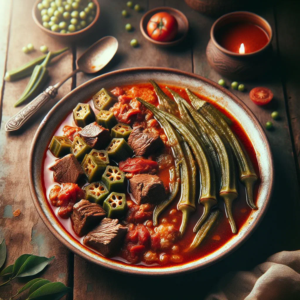 Bamya with beef and okra simmered in a rich tomato sauce, garnished with coriander