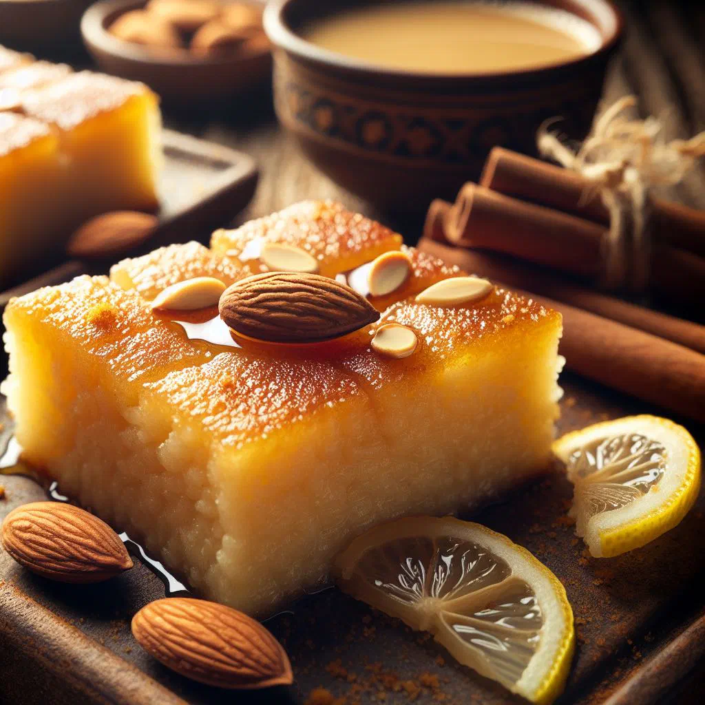 Diamond-cut basbousa squares topped with whole almonds and glossy syrup