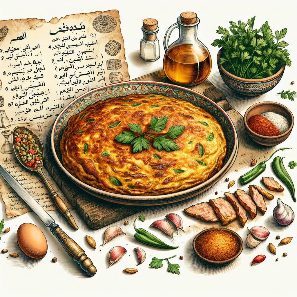 Golden basterma omelette topped with fresh herbs