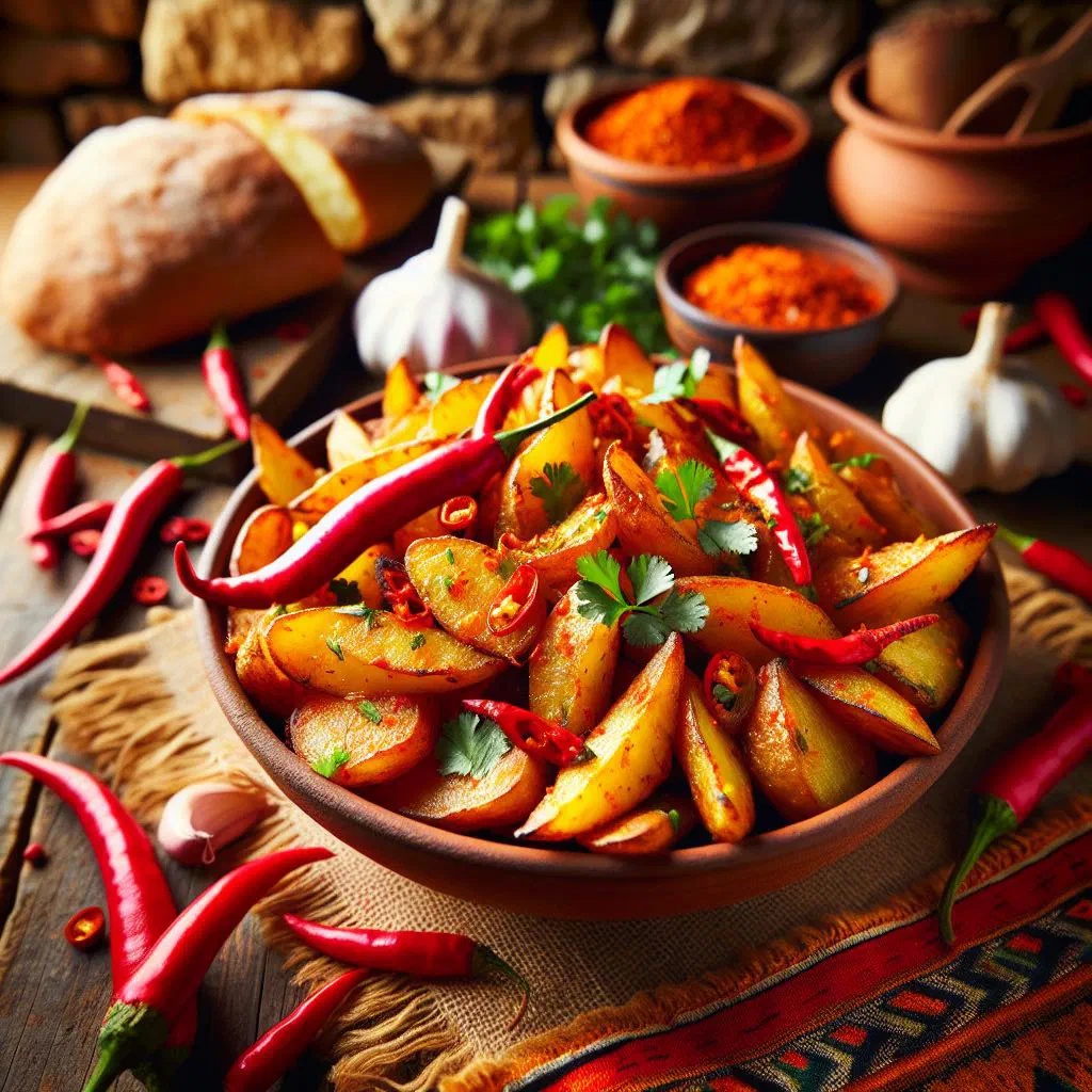 Crispy spiced potato cubes with garlic, chilli and fresh coriander