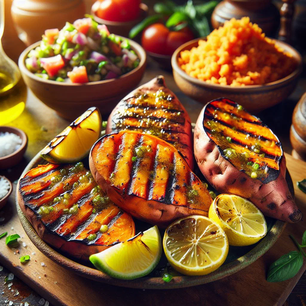 Grilled marinated potato wedges garnished with fresh herbs