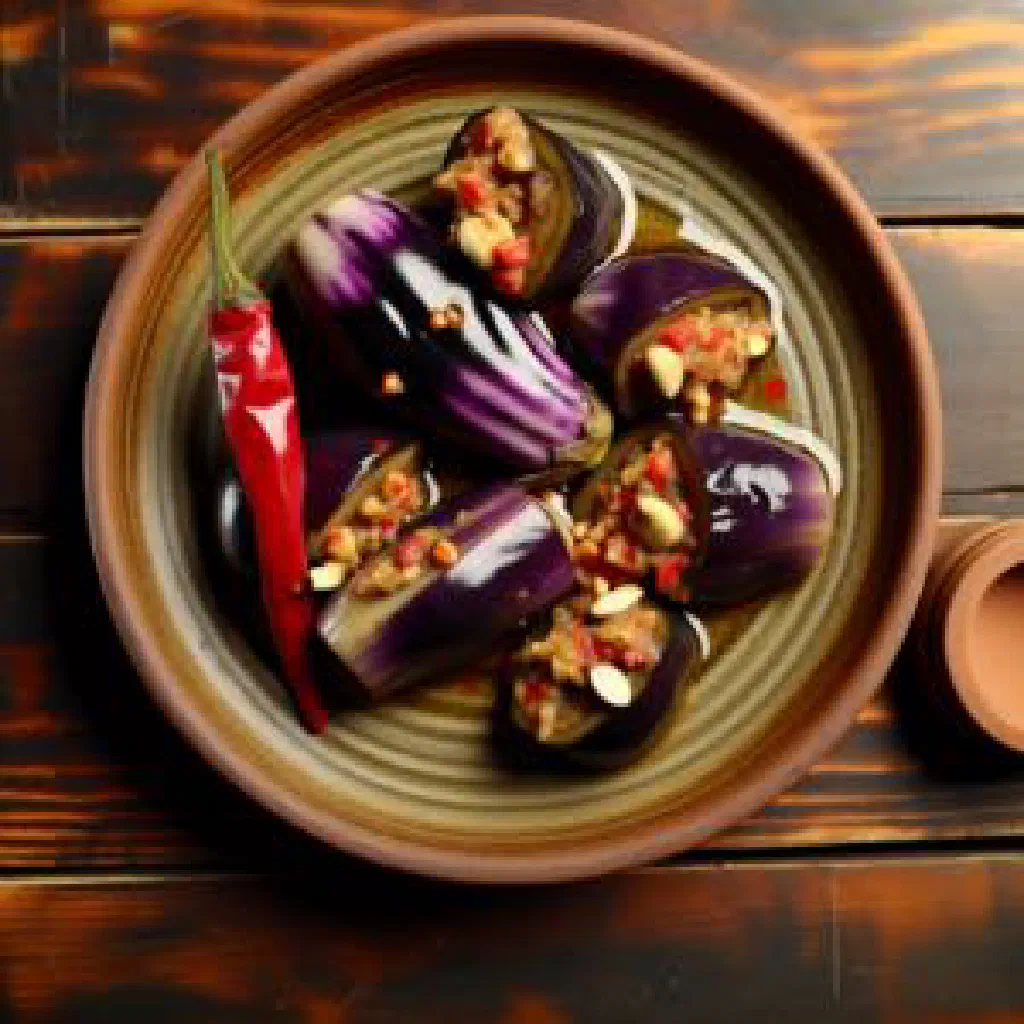 Fried marinated aubergine pieces with garlic and parsley garnish