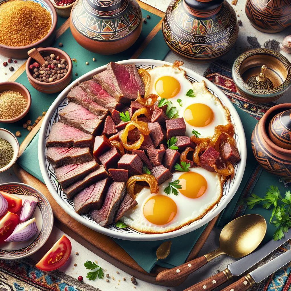 Fried eggs with spiced cured bastirma beef and onions in a pan