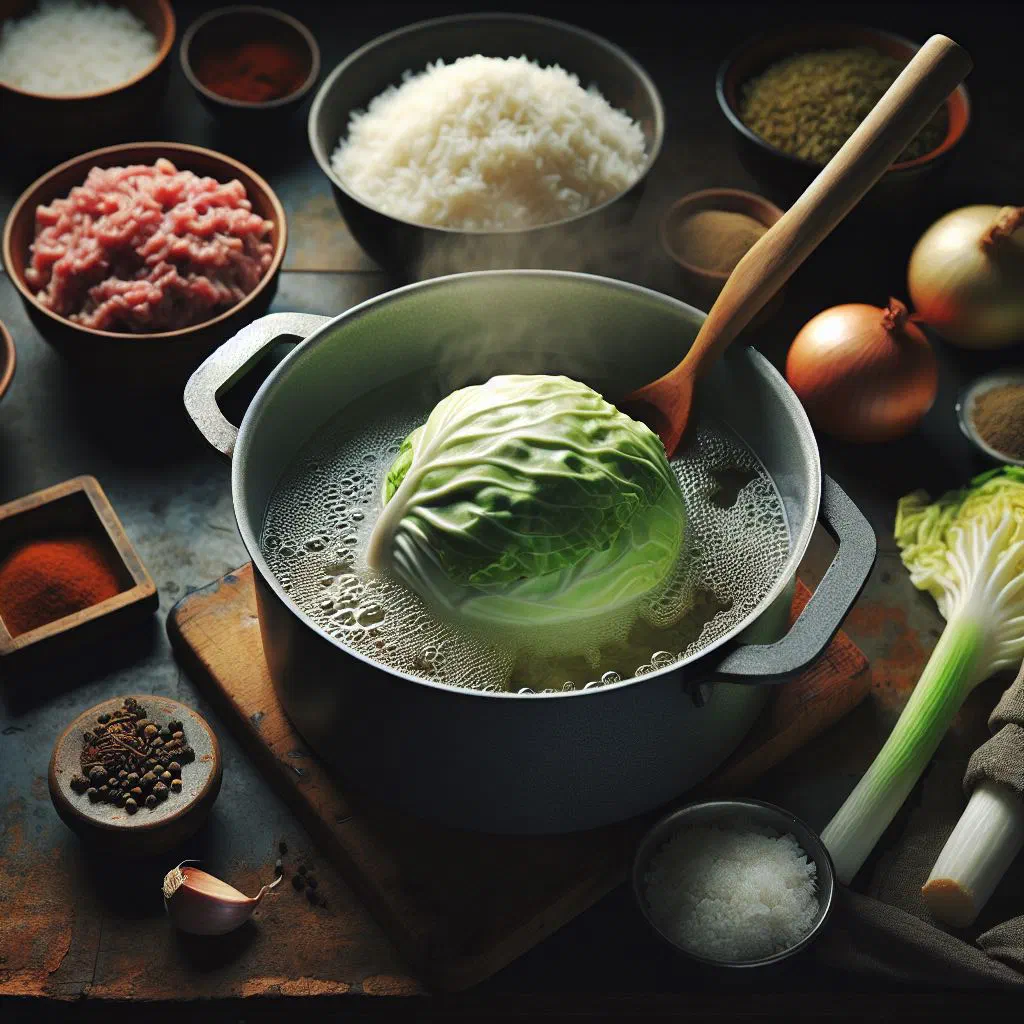 Egyptian cabbage mahshi, rolled cabbage leaves stuffed with spiced rice and meat