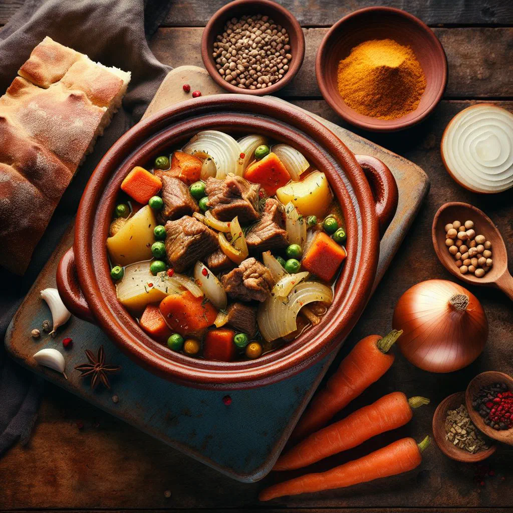 A bowl of Egyptian camounia lentil and bean stew garnished with fresh herbs