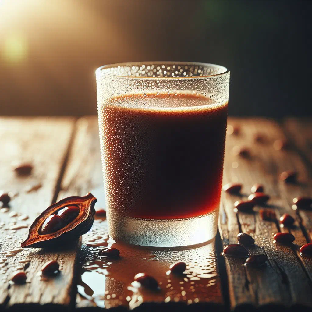 A glass of dark carob juice garnished with fresh mint