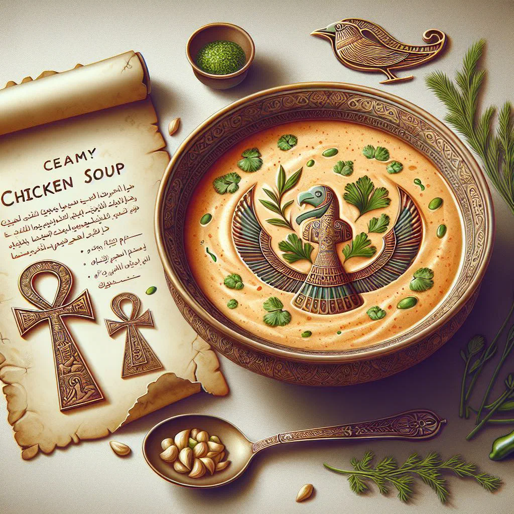 Bowl of creamy Egyptian chicken soup garnished with fresh herbs