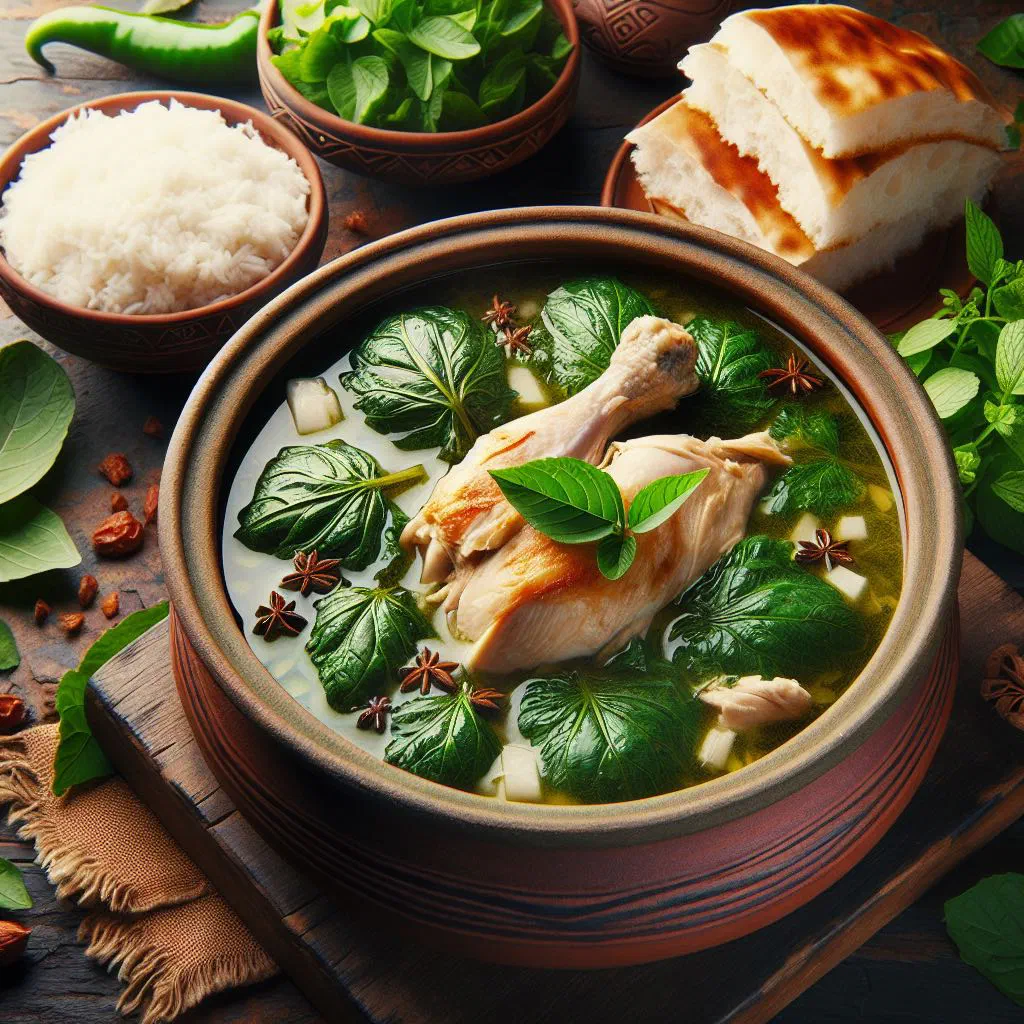 Bowl of green chicken molokhia served with lemon wedges