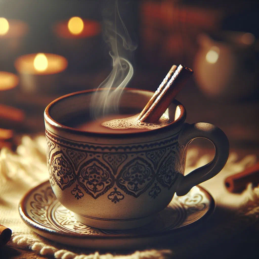 Warm Egyptian cinnamon drink served in a glass with a cinnamon stick