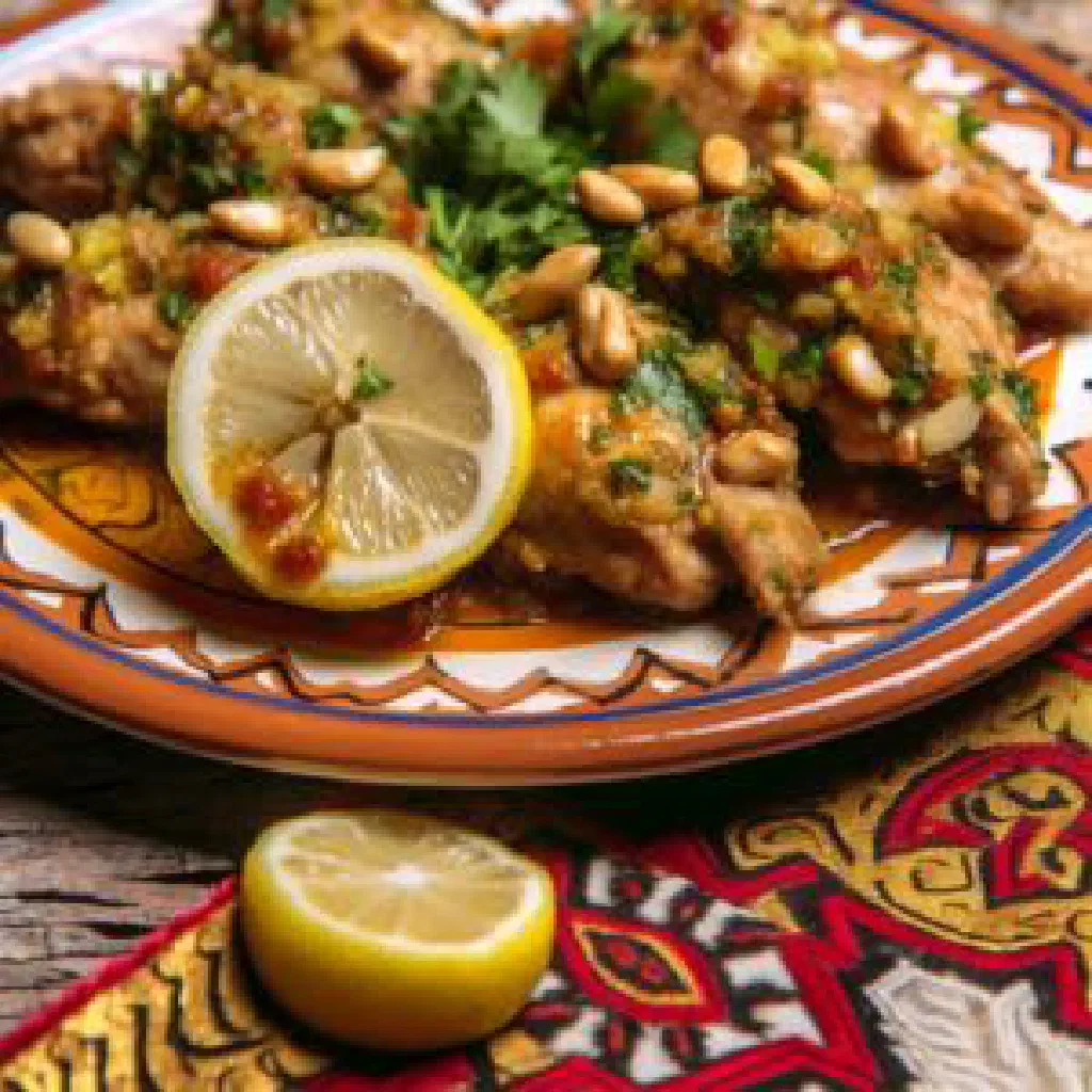 Marinated Circassian chicken pieces served with flatbread