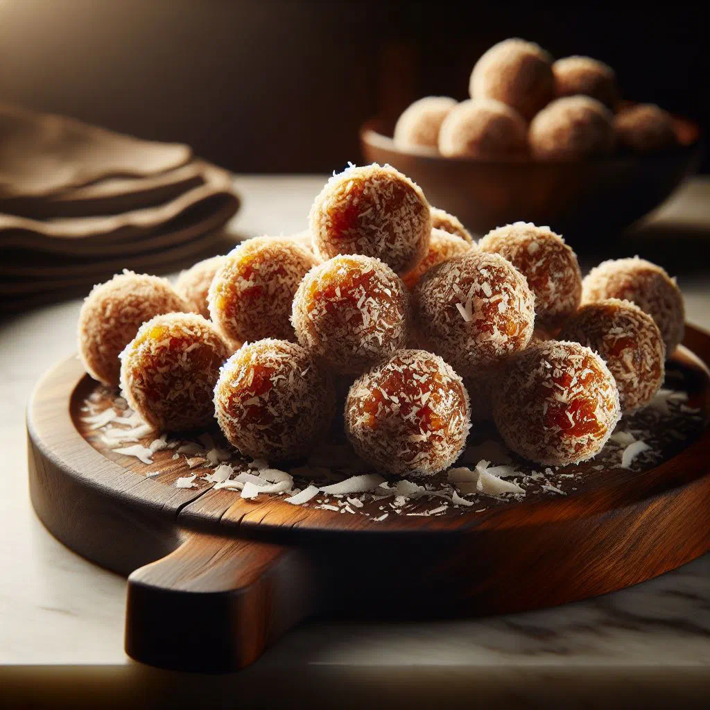 Egyptian coconut date balls rolled in desiccated coconut on a plate