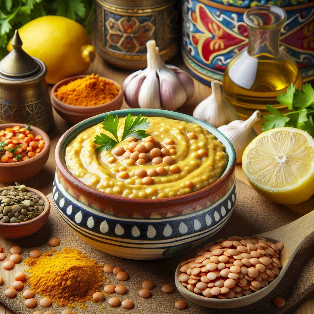 Creamy Egyptian lentil dip garnished with parsley and olive oil