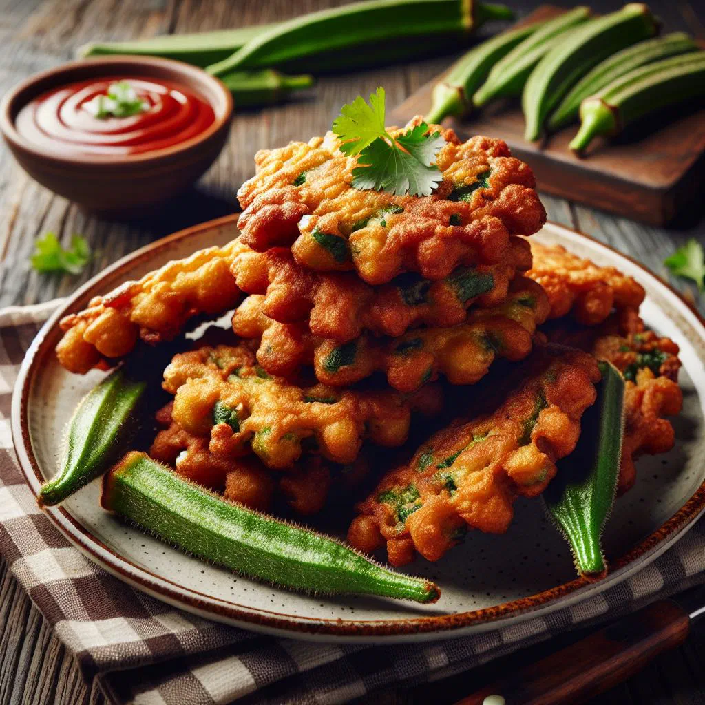 Golden crispy okra fritters served with a creamy dip