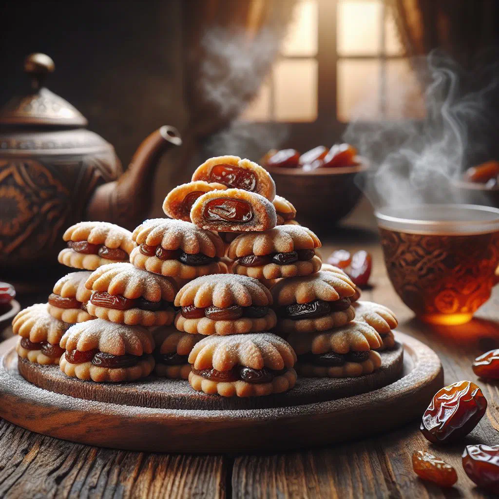 Egyptian date cookies dusted with icing sugar on a plate