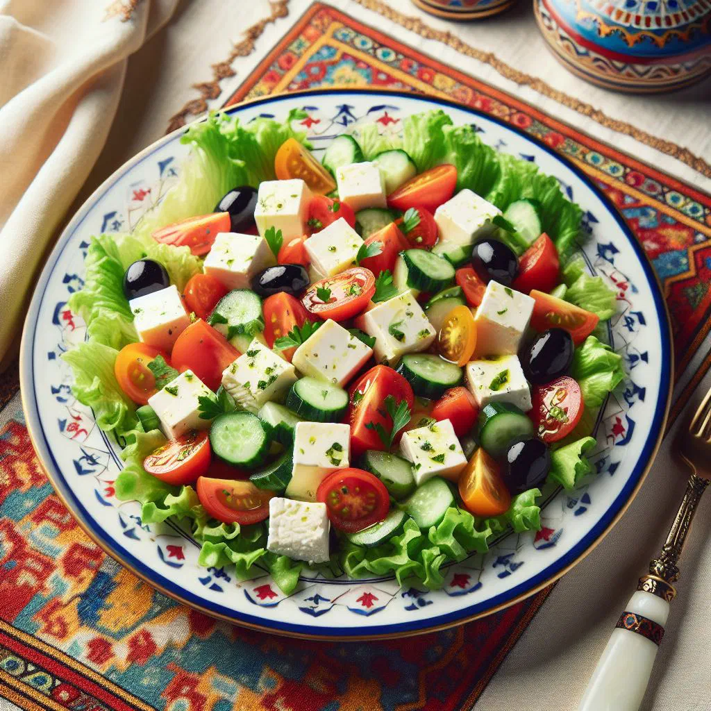 Fresh Egyptian Domiati cheese salad with tomatoes, cucumber and herbs