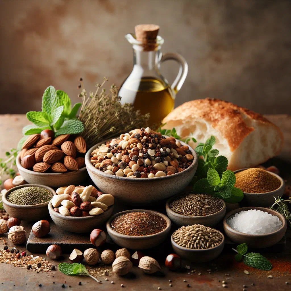 A small bowl of Egyptian dukkah spice blend served with olive oil
