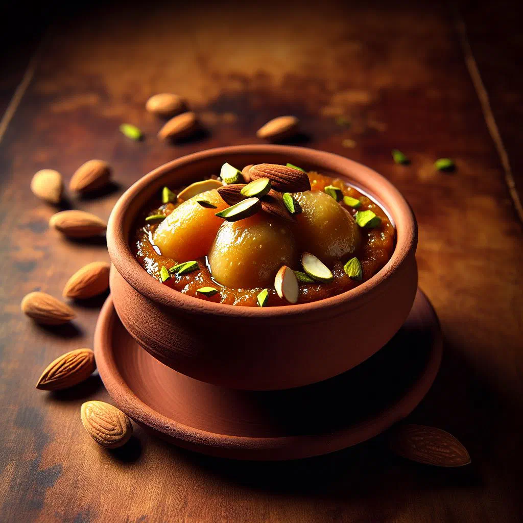 Bowl of egg halwa garnished with chopped nuts and a dusting of cinnamon