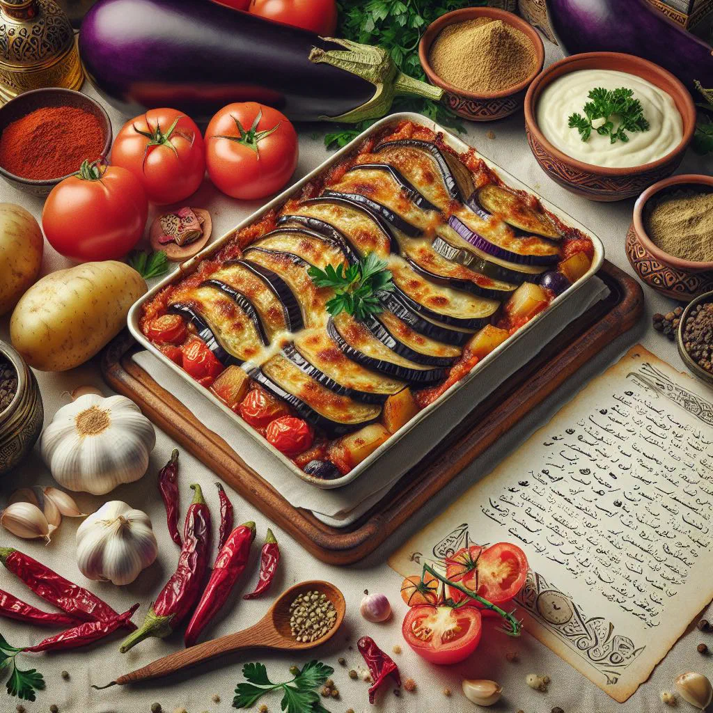 Baked eggplant moussaka with rich tomato sauce and fresh parsley