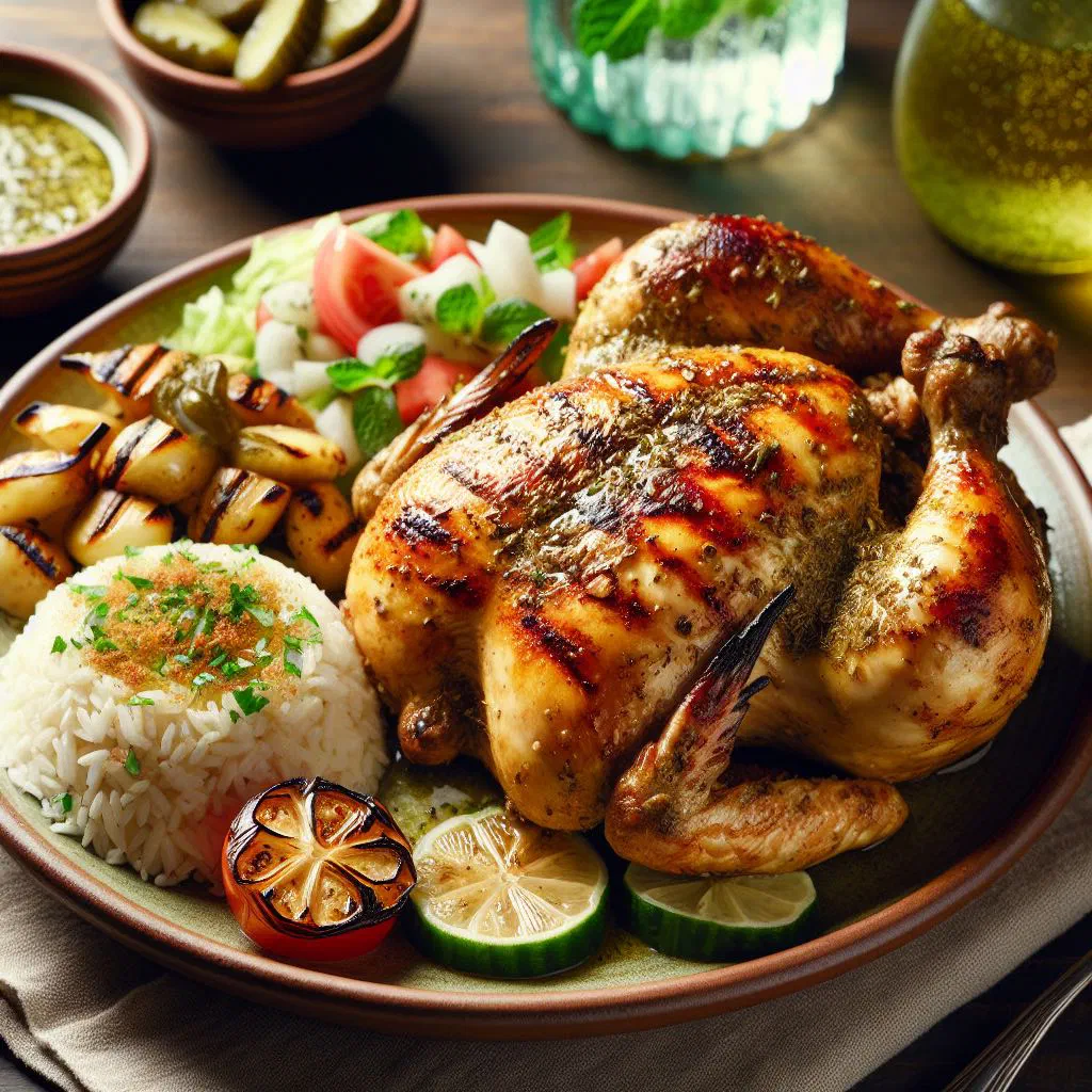 Grilled marinated chicken garnished with parsley and lemon wedges