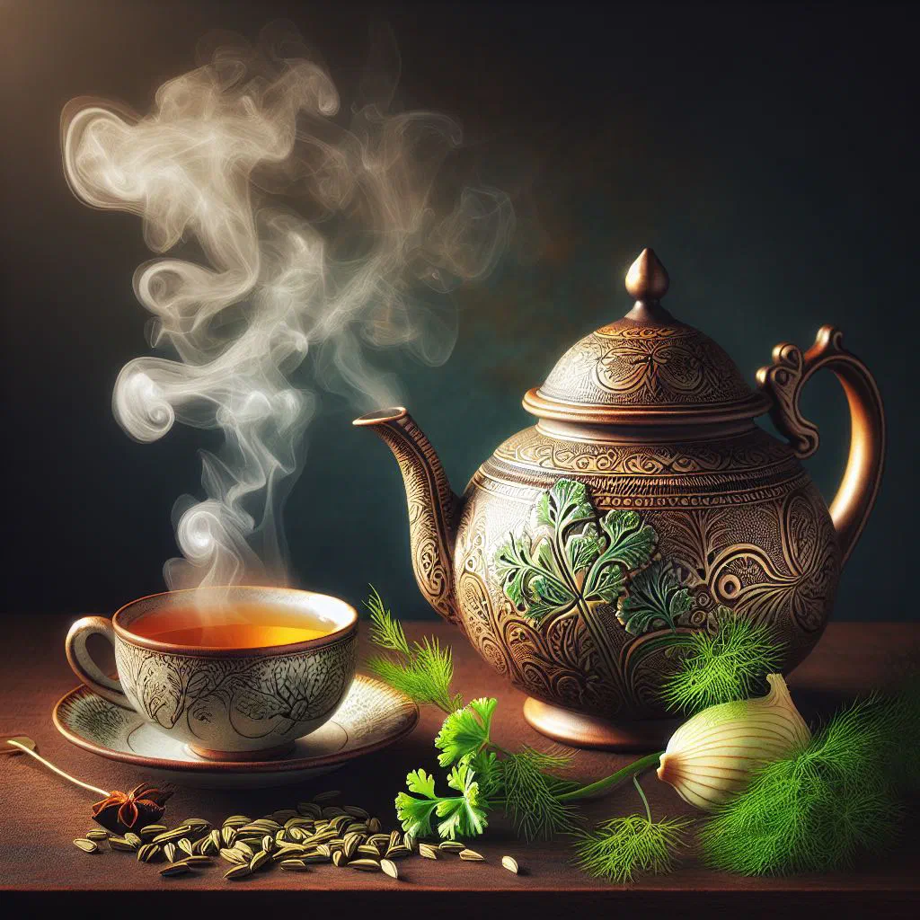 A clear cup of fennel tea served with whole fennel seeds and a lemon slice