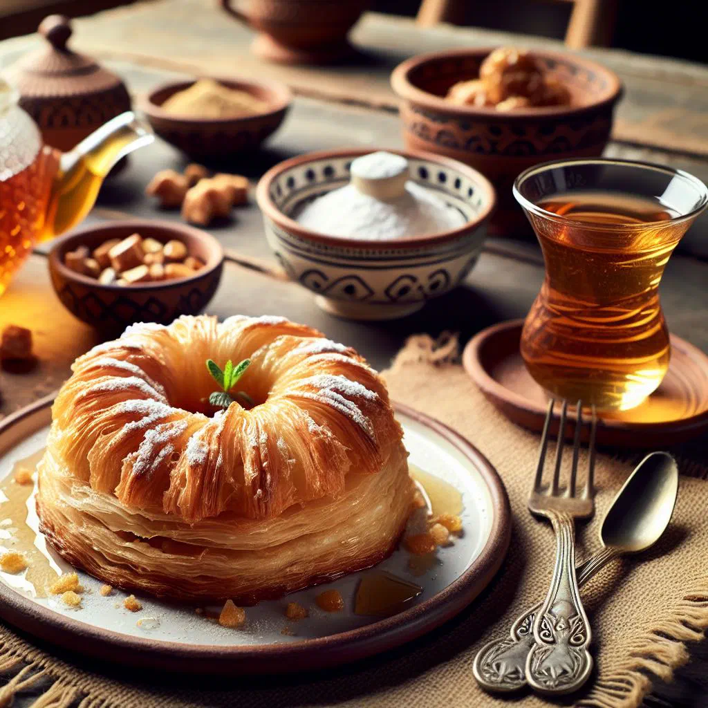 Golden layered Egyptian feteer helw pastry dusted with icing sugar and nuts