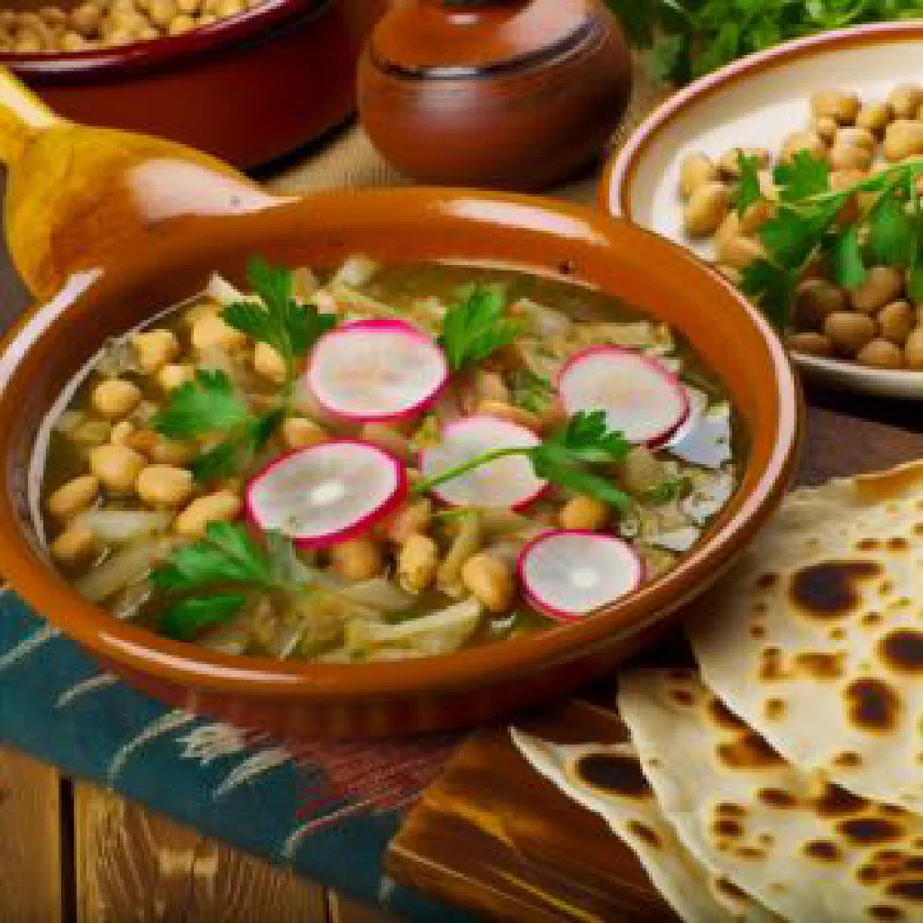 Bowl of pureed fava beans garnished with olive oil and fresh vegetables