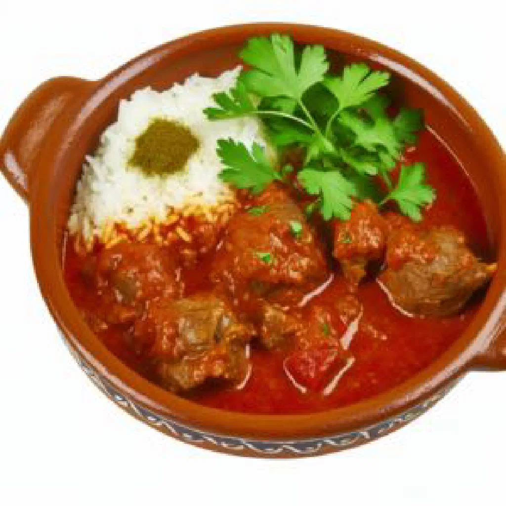 Tender beef stew Fukhara Lahma served in a traditional clay pot with fresh herbs