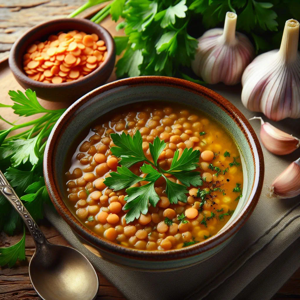 A bowl of creamy Egyptian garlic lentil soup with a drizzle of olive oil