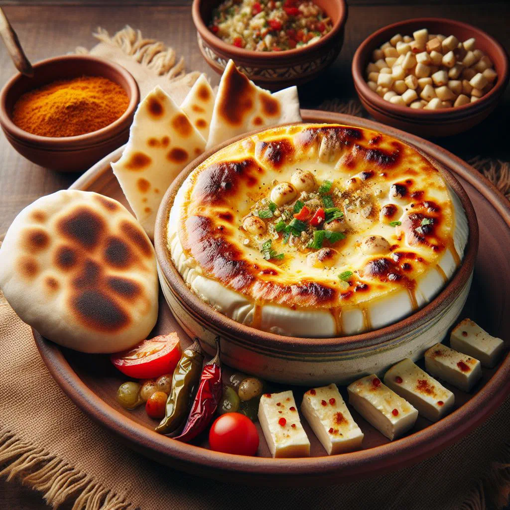 Golden baked Egyptian cheese and bread casserole garnished with fresh herbs