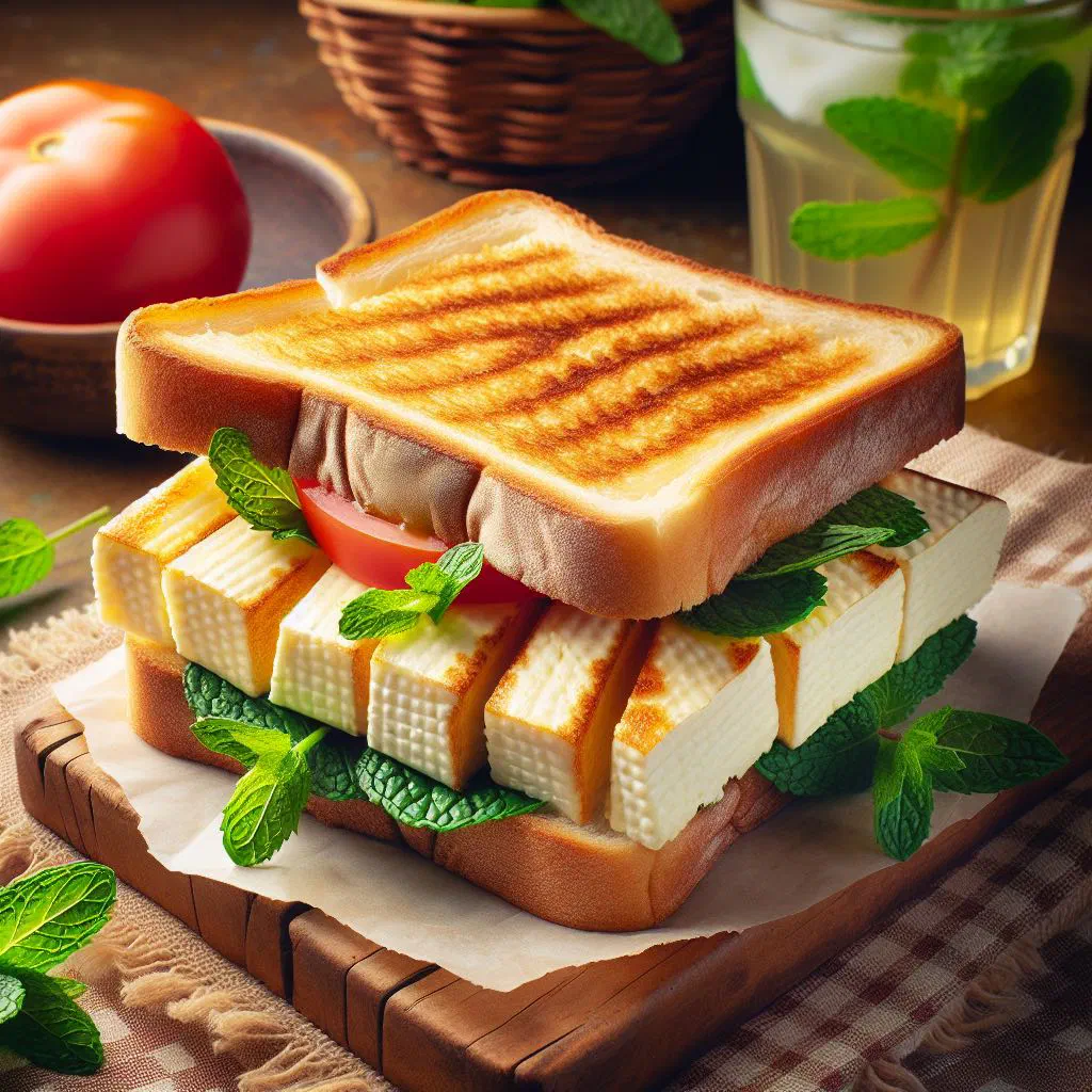 Toasted Gebna Roomi sandwich filled with melted Egyptian cheese and fresh herbs