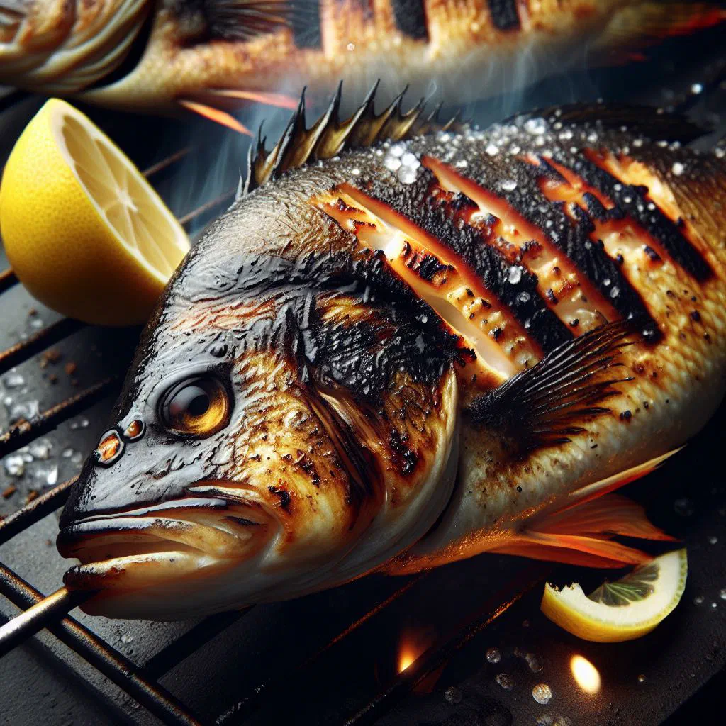 Grilled Nile perch fillet garnished with fresh parsley and lemon