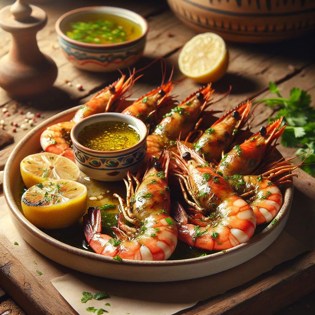 Grilled prawns with garlic, lemon and fresh parsley on a platter