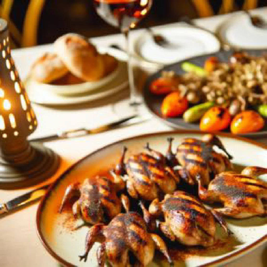 Grilled quail with golden skin garnished with fresh herbs and lemon