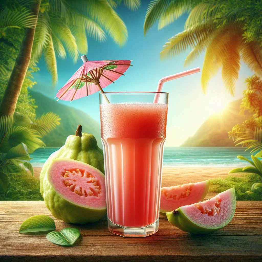 A tall glass of fresh guava juice garnished with mint and lime