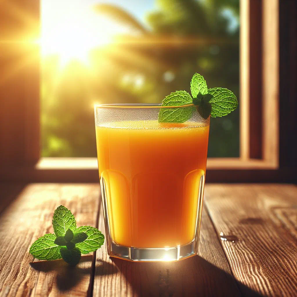 A chilled glass of Egyptian harankash juice with ice and a slice of bitter orange