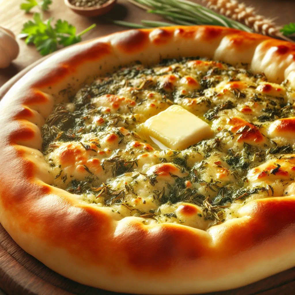 Golden Egyptian herb-stuffed flatbread garnished with fresh herbs