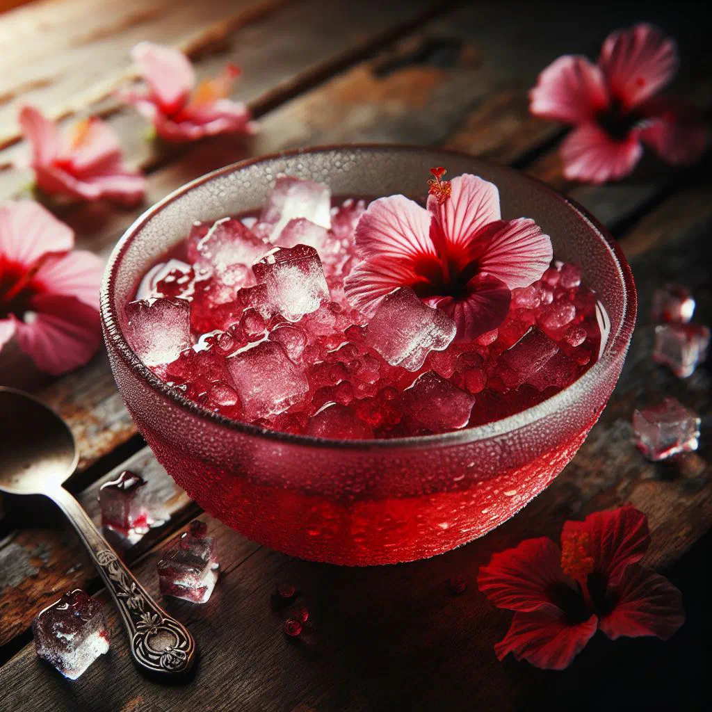 A tall glass of deep red hibiscus sherbet garnished with mint and ice