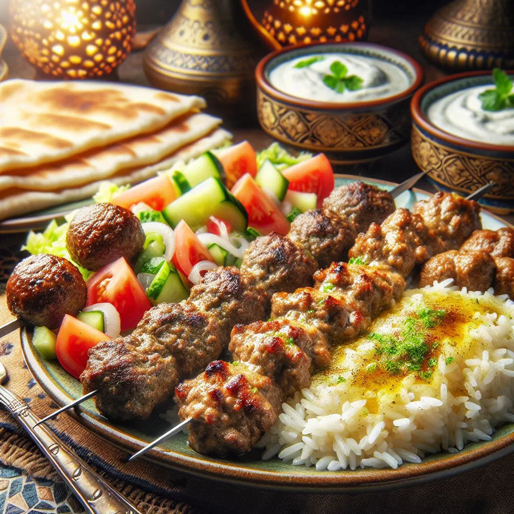 Grilled kabab and kofta skewers served with flatbread and fresh herbs