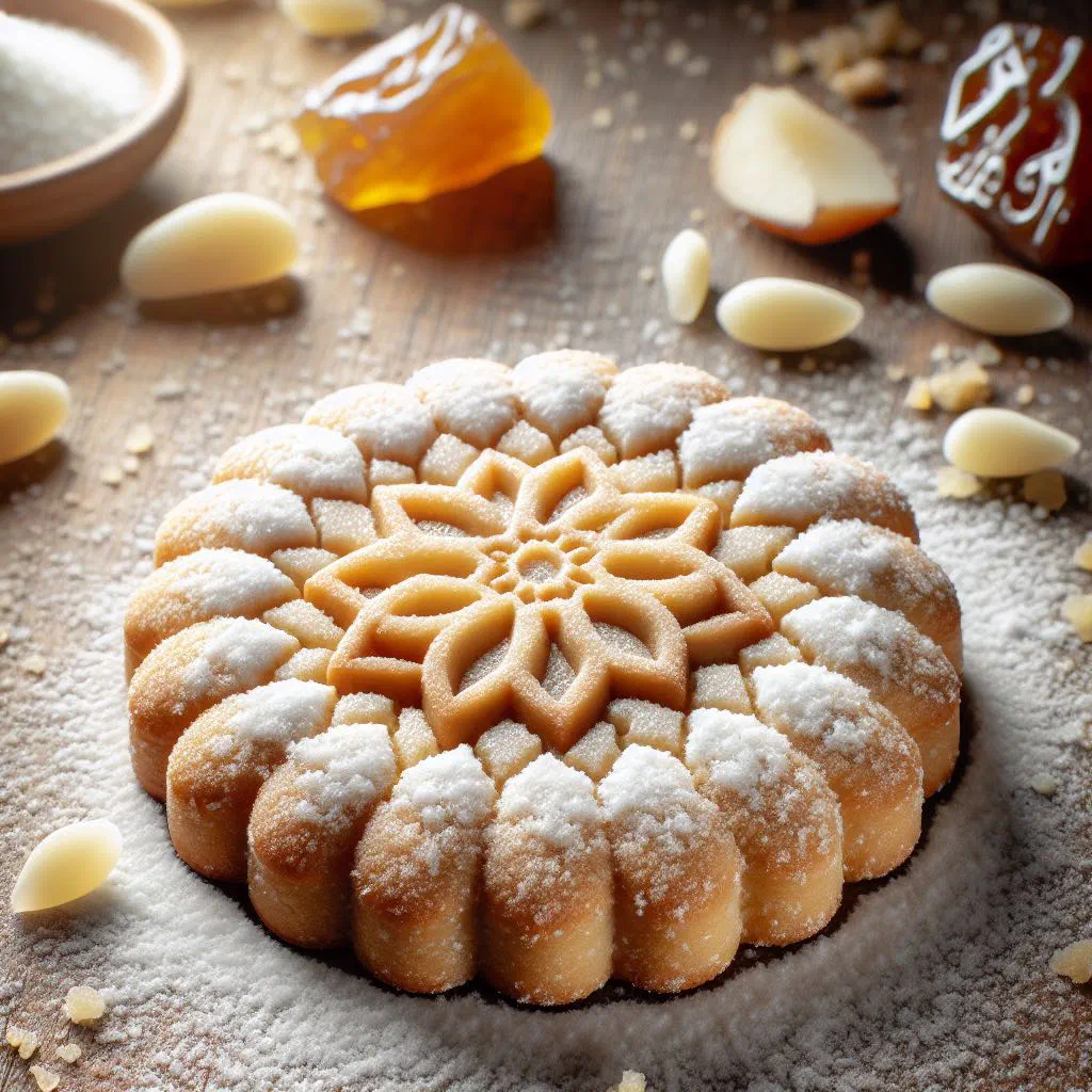 Round Egyptian kahk el eid cookies dusted with powdered sugar