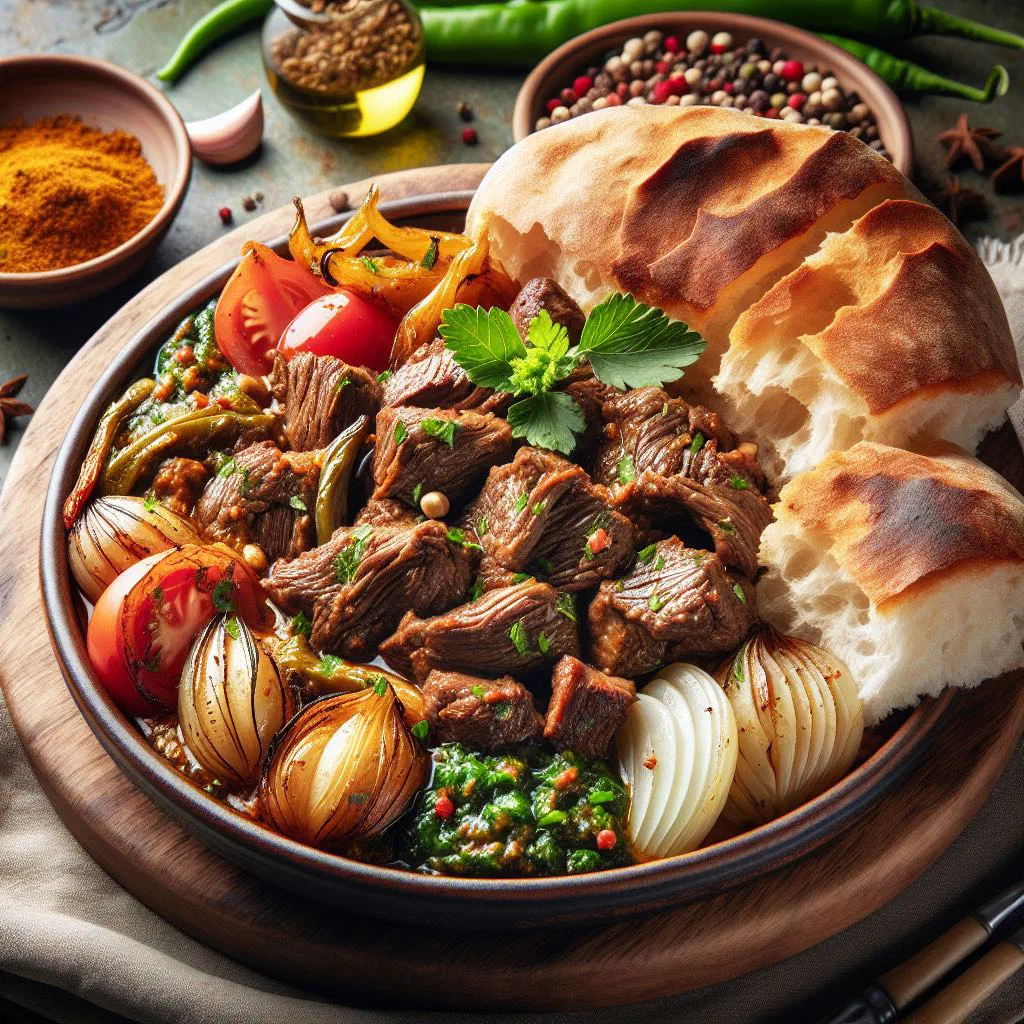 Spiced Egyptian meat stew garnished with fresh coriander
