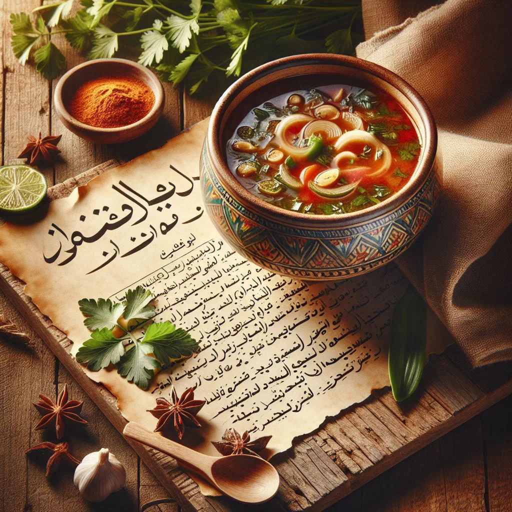 A bowl of hearty Egyptian lentil soup garnished with fresh herbs and lemon