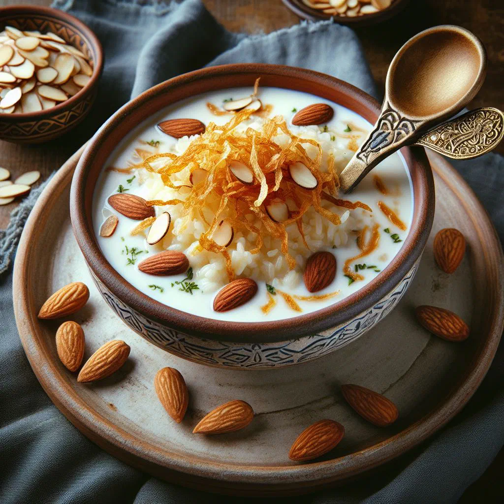 Creamy Keshk Bel Roz rice with yogurt, garnished with fresh herbs