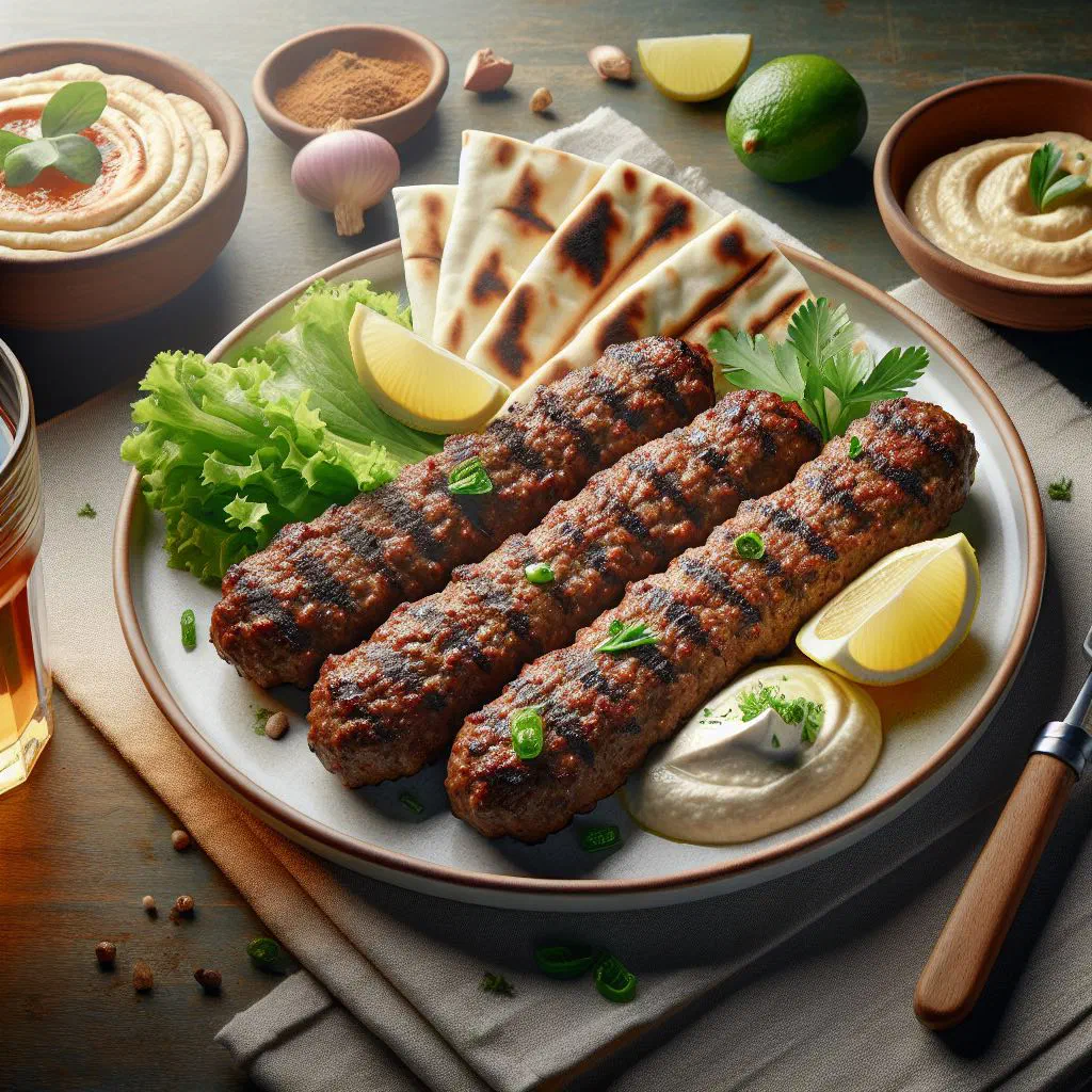 Grilled kofta kebab skewers garnished with fresh herbs and lemon