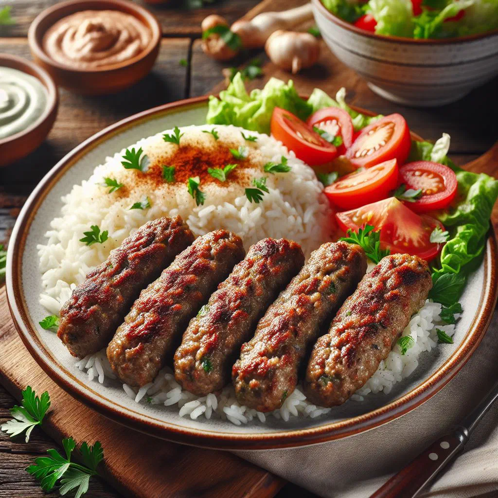 Grilled kofta meshweya skewers with fresh herbs and flatbread