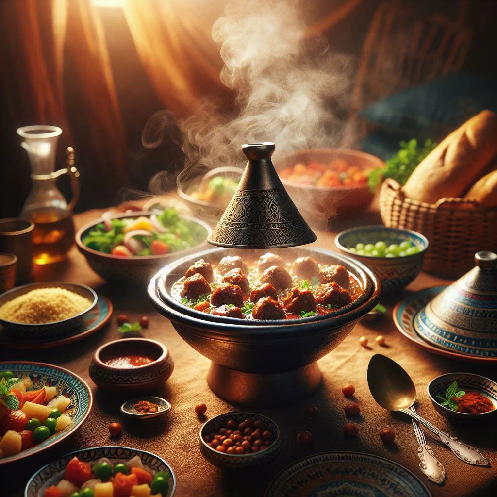 Egyptian kofta tagine with spiced meatballs in tomato sauce garnished with parsley