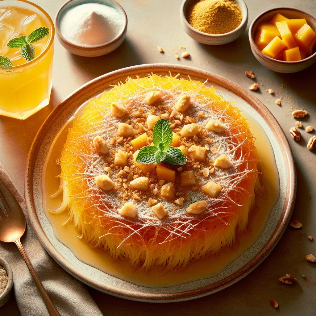 Golden baked kounafa filled with mango cream and topped with chopped pistachios