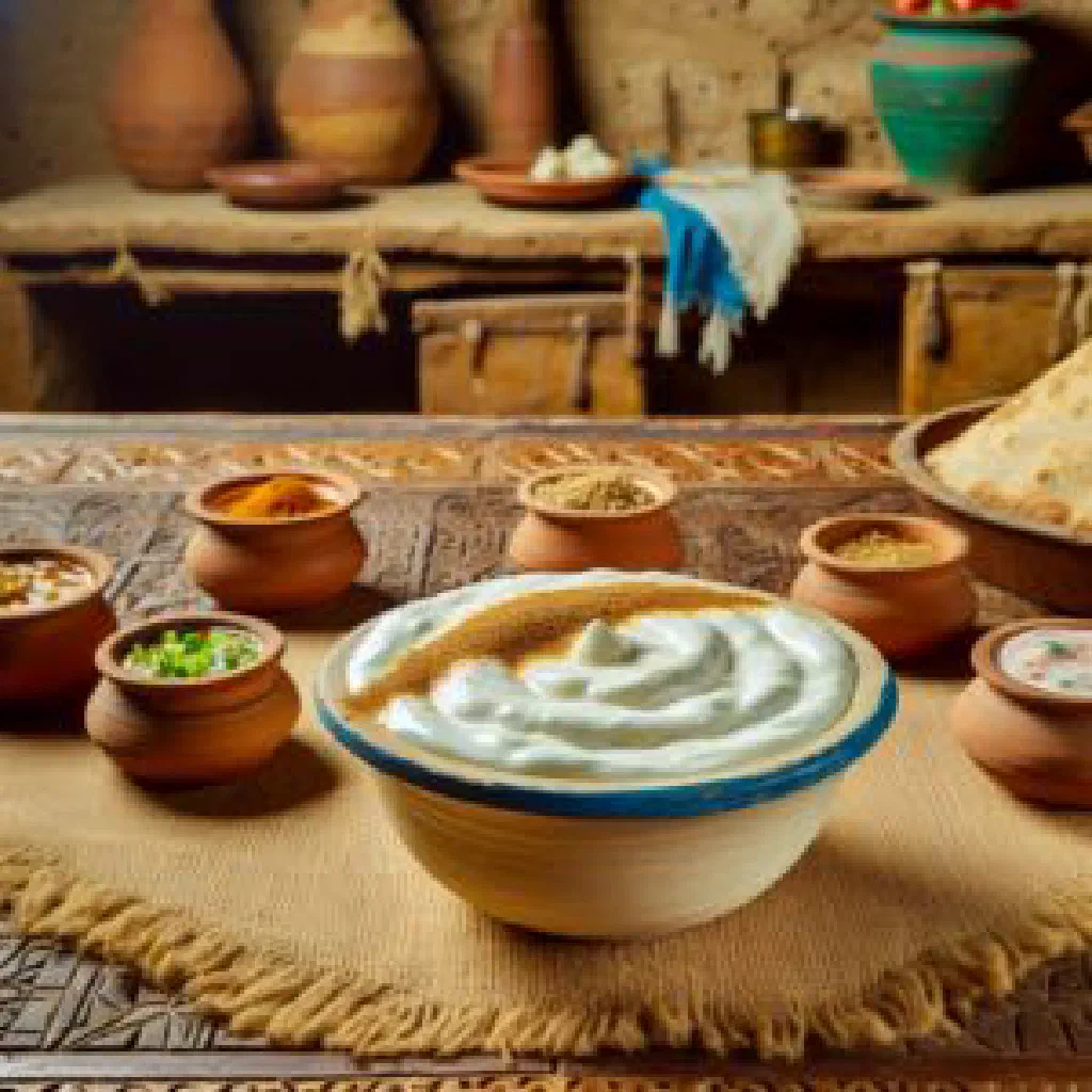 A bowl of creamy Egyptian laban garnished with fresh mint