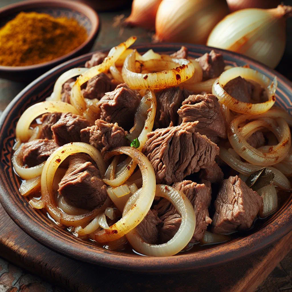 Tender beef simmered with caramelised onions and spices, garnished with parsley