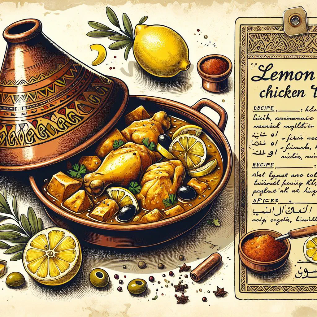 Lemon chicken tagine with vegetables and fresh herbs in a clay pot